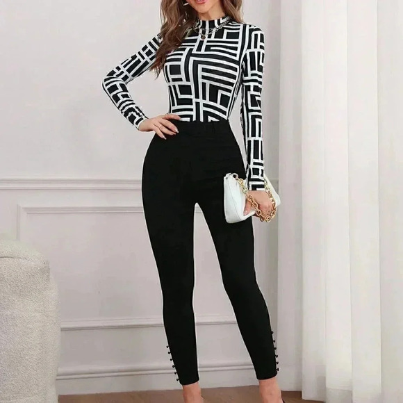 Contemporary Geo Print Mock Neck Top - Picture 2 of 5